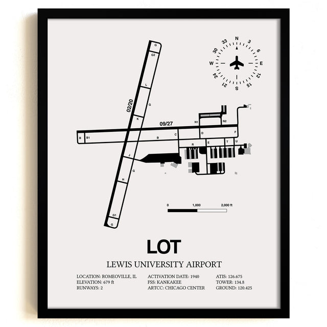 Framed Detailed Airport Map of Lewis University Airport (LOT) in White with a Black Frame