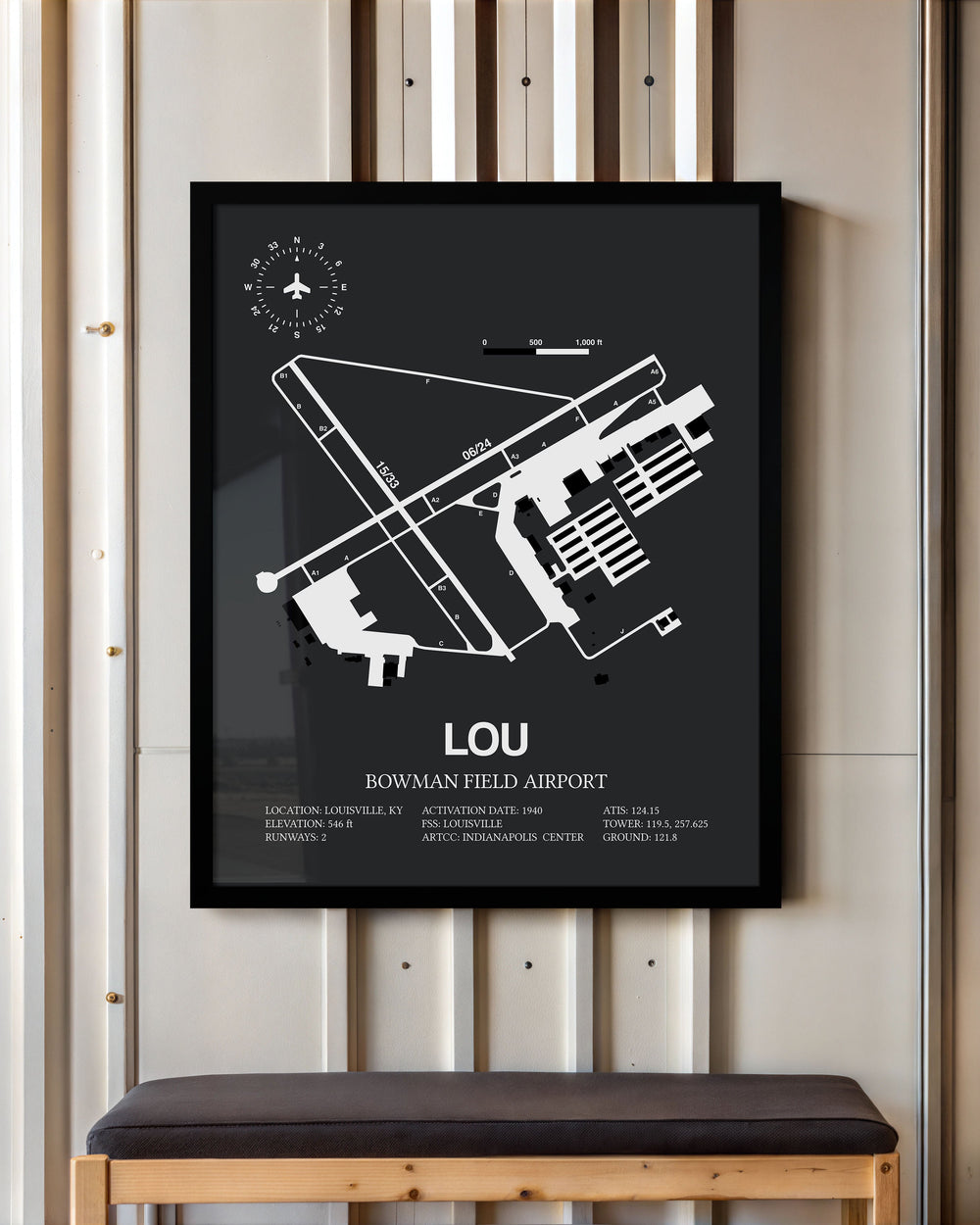 Framed Detailed Airport Map of Bowman Field Airport (LOU) in Gray with a Black Frame