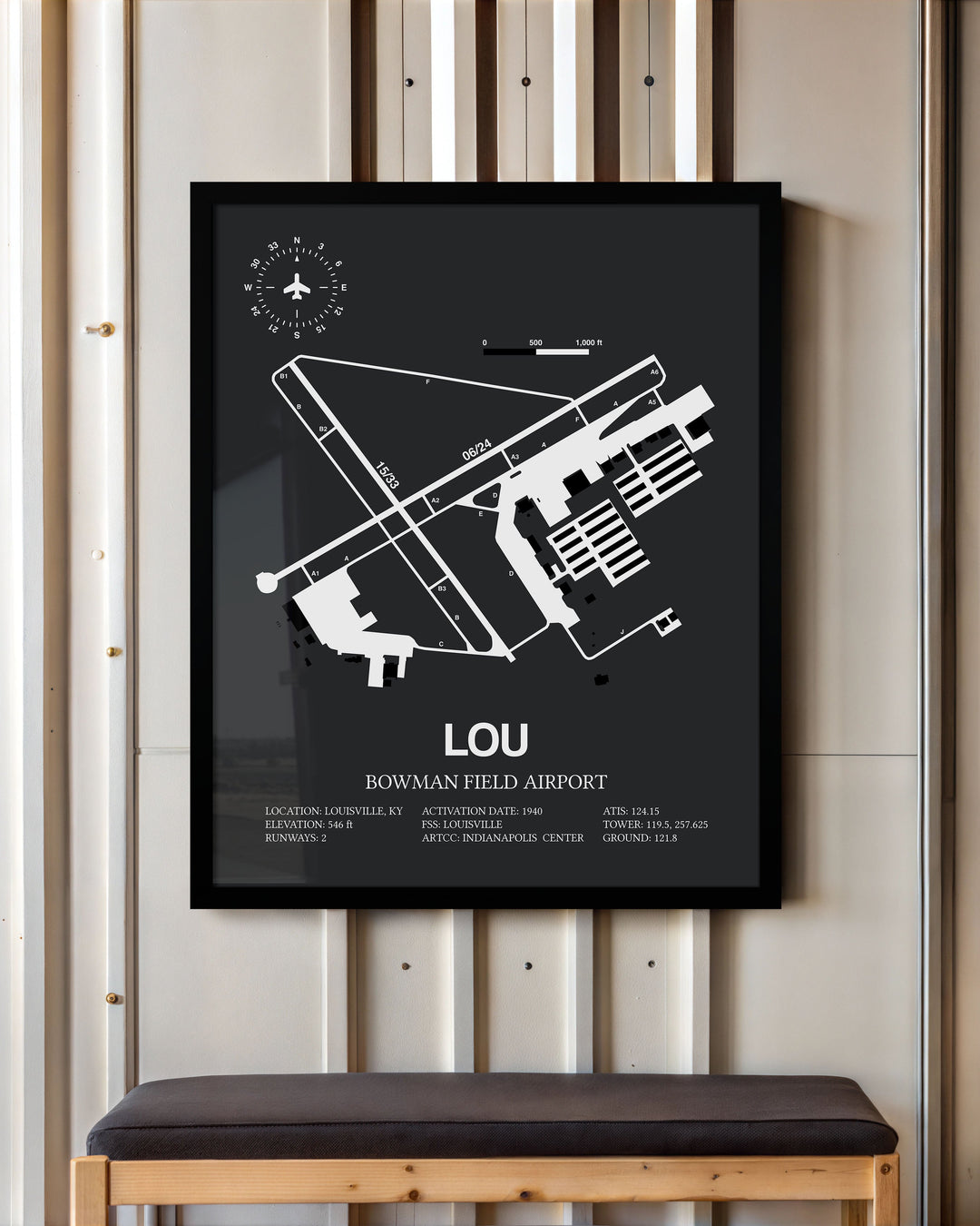 Framed Detailed Airport Map of Bowman Field Airport (LOU) in Gray with a Black Frame