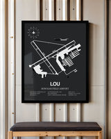 Framed Detailed Airport Map of Bowman Field Airport (LOU) in Gray with a Black Frame
