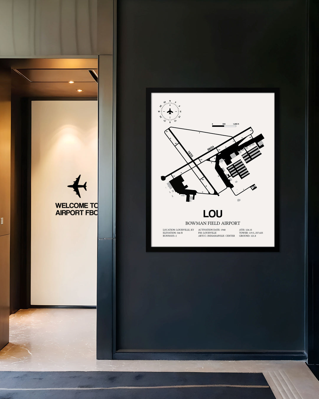 Framed Detailed Airport Map of Bowman Field Airport (LOU) in White with a Black Frame