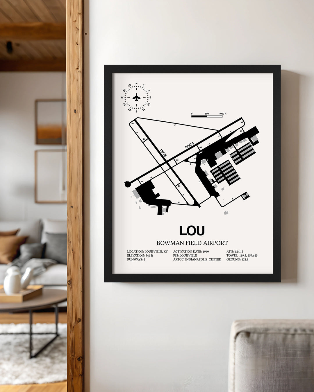 Framed Detailed Airport Map of Bowman Field Airport (LOU) in White with a Black Frame