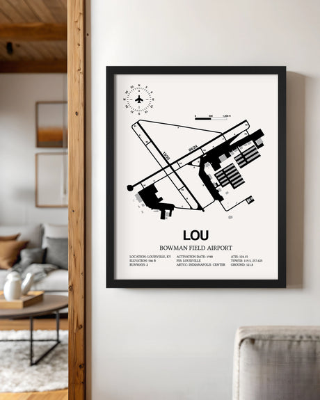Framed Detailed Airport Map of Bowman Field Airport (LOU) in White with a Black Frame