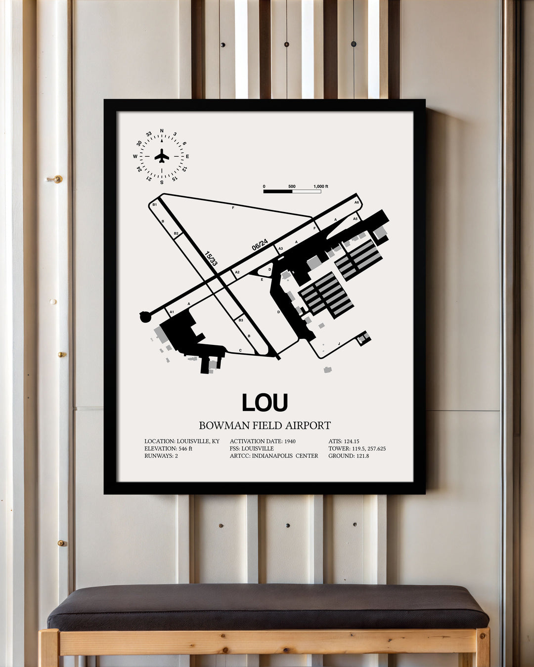 Framed Detailed Airport Map of Bowman Field Airport (LOU) in White with a Black Frame