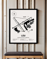 Framed Detailed Airport Map of Bowman Field Airport (LOU) in White with a Black Frame