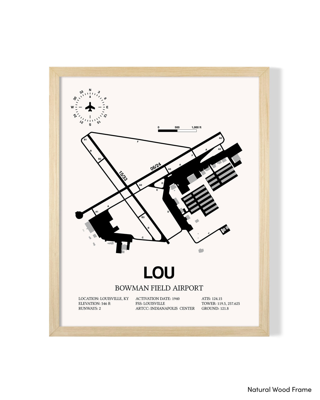 Detailed Airport Map of Bowman Field Airport (LOU) in White with a Natural Frame