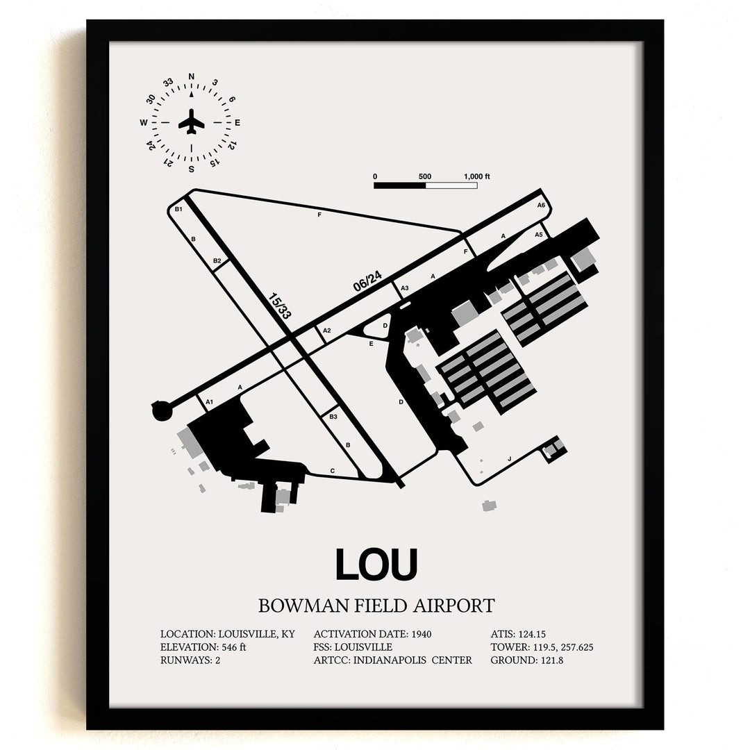 Framed Detailed Airport Map of Bowman Field Airport (LOU) in White with a Black Frame