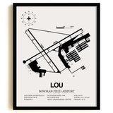 Framed Detailed Airport Map of Bowman Field Airport (LOU) in White with a Black Frame