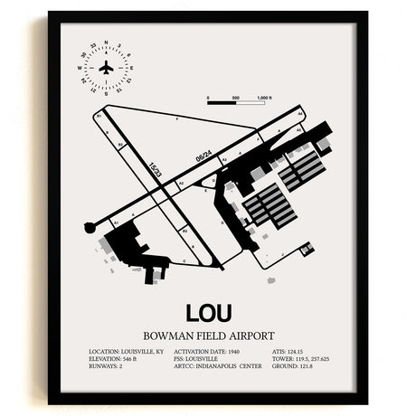 Framed Detailed Airport Map of Bowman Field Airport (LOU) in White with a Black Frame