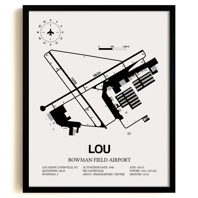 Framed Detailed Airport Map of Bowman Field Airport (LOU) in White with a Black Frame