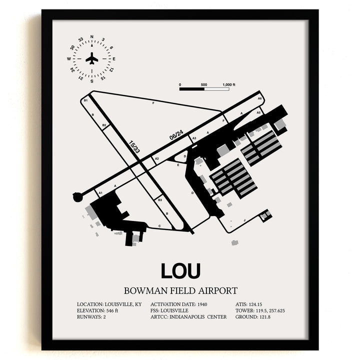Framed Detailed Airport Map of Bowman Field Airport (LOU) in White with a Black Frame
