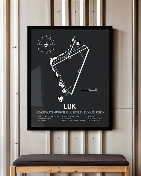 Framed Detailed Airport Map of Cincinnati Municipal Airport Lunken Field (LUK) in Gray with a Black Frame