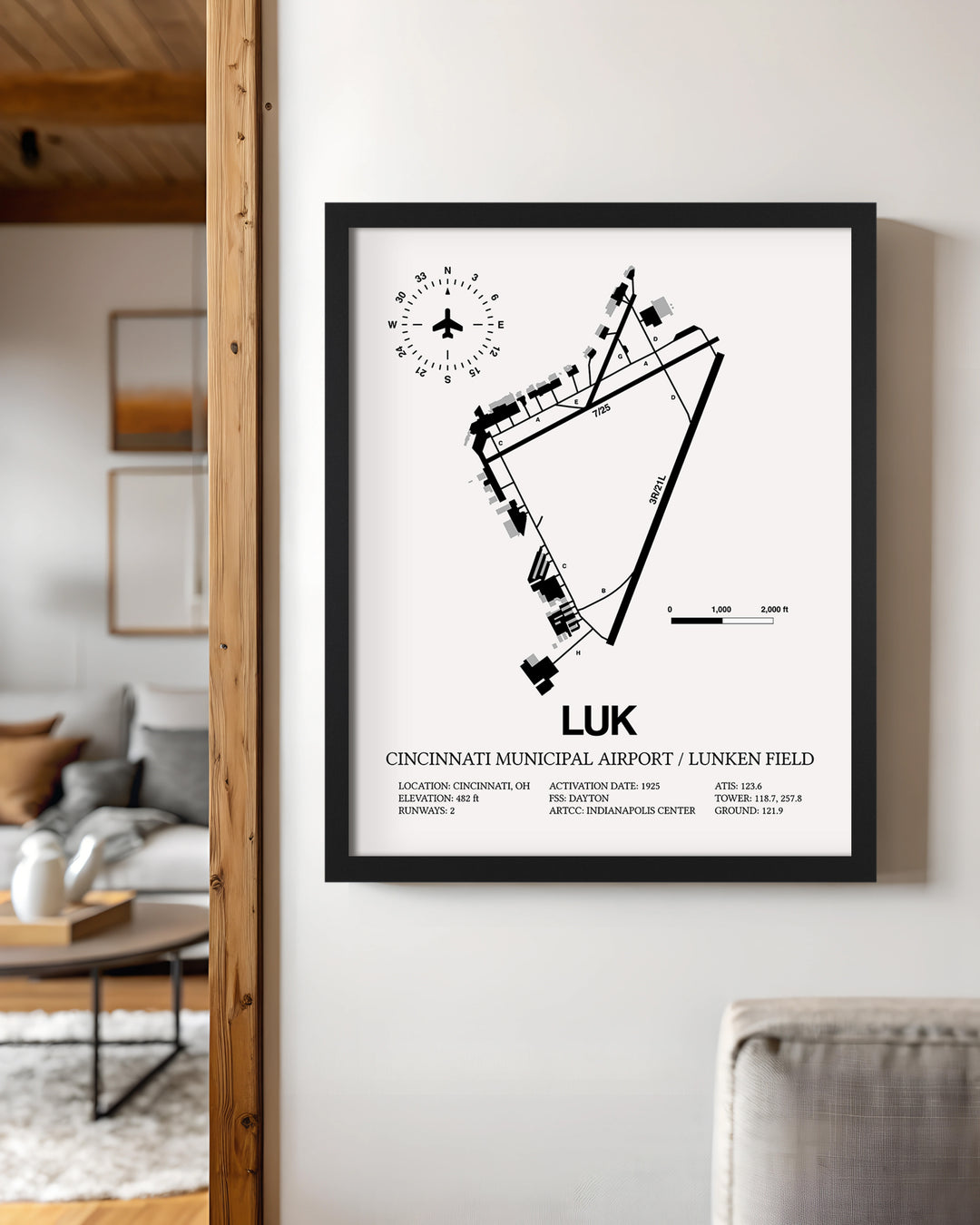 Framed Detailed Airport Map of Cincinnati Municipal Airport Lunken Field (LUK) in White with a Black Frame