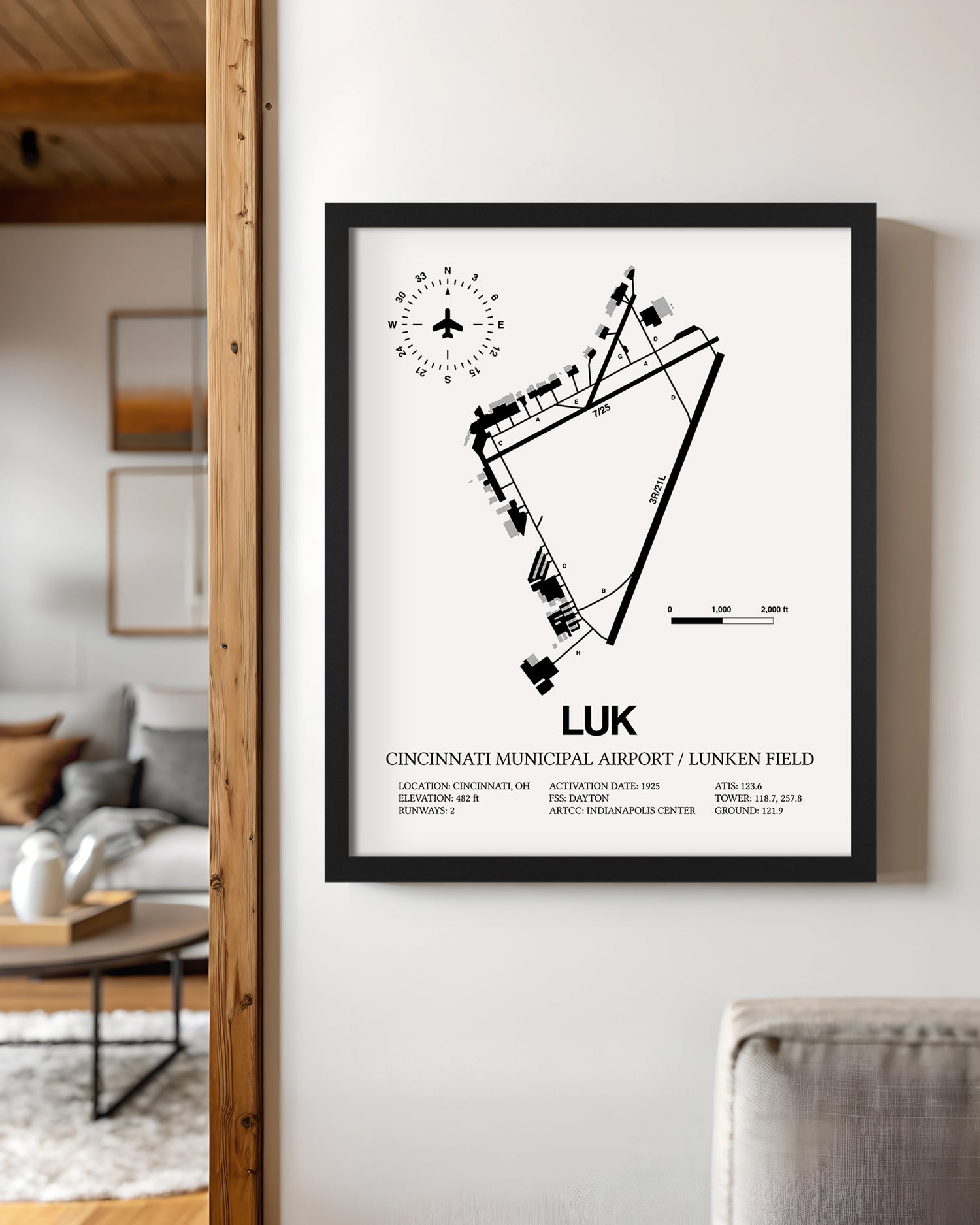 Framed Detailed Airport Map of Cincinnati Municipal Airport Lunken Field (LUK) in White with a Black Frame