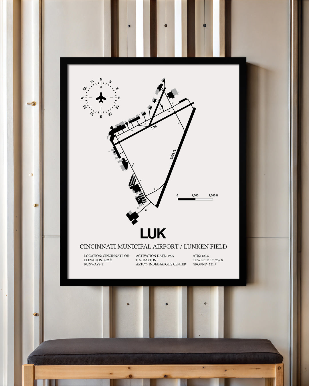 LUK Airport Map, Cincinnati Municipal Airport Lunken Field Print