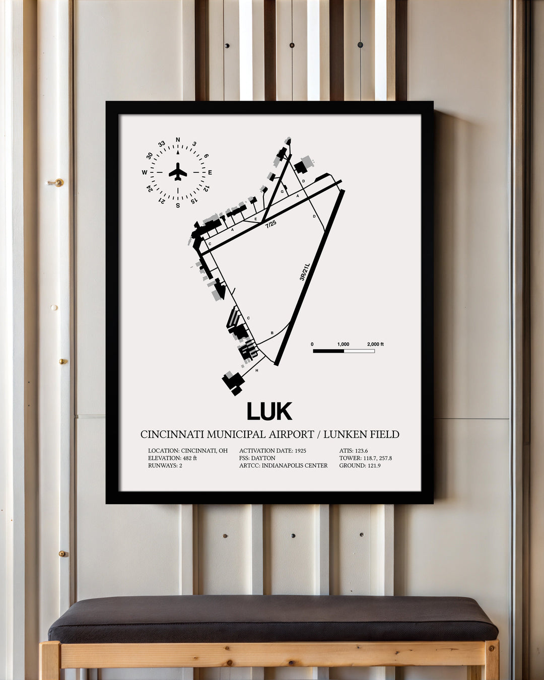 Framed Detailed Airport Map of Cincinnati Municipal Airport Lunken Field (LUK) in White with a Black Frame