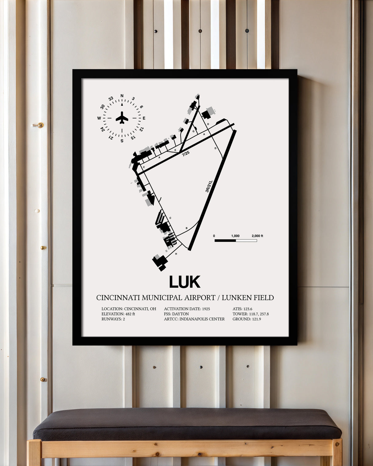 Framed Detailed Airport Map of Cincinnati Municipal Airport Lunken Field (LUK) in White with a Black Frame