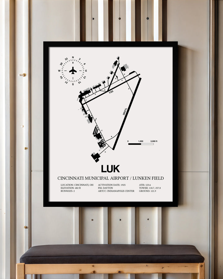 Framed Detailed Airport Map of Cincinnati Municipal Airport Lunken Field (LUK) in White with a Black Frame