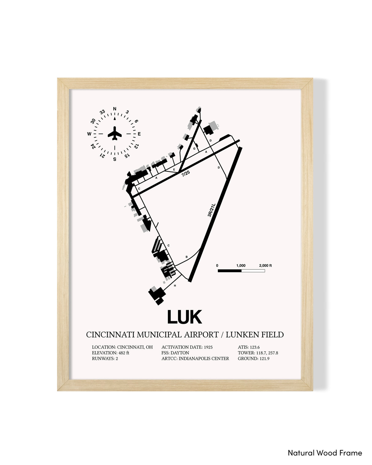 Detailed Airport Map of Cincinnati Municipal Airport Lunken Field (LUK) in White with a Natural Frame