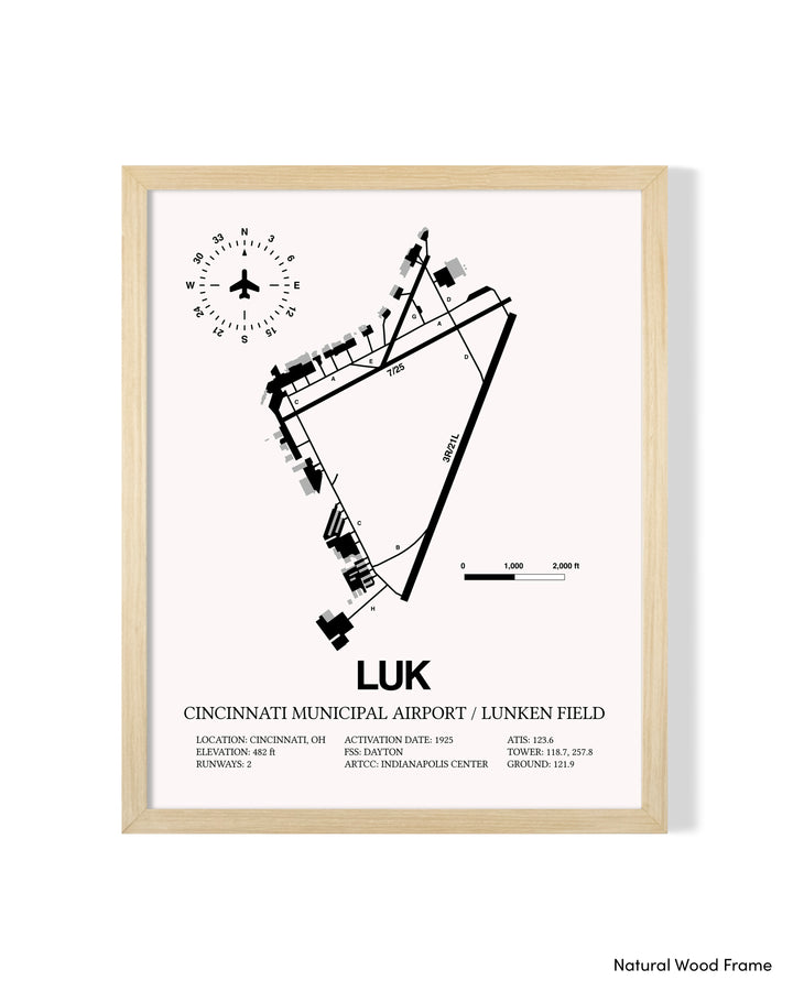 Detailed Airport Map of Cincinnati Municipal Airport Lunken Field (LUK) in White with a Natural Frame