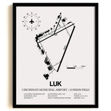 Framed Detailed Airport Map of Cincinnati Municipal Airport Lunken Field (LUK) in White with a Black Frame
