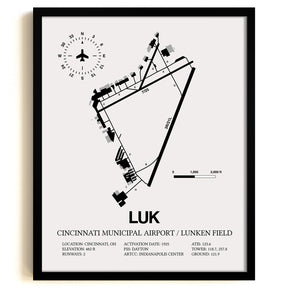 Framed Detailed Airport Map of Cincinnati Municipal Airport Lunken Field (LUK) in White with a Black Frame