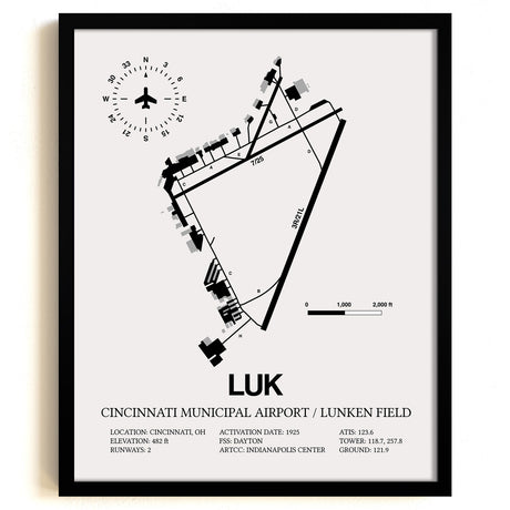 Framed Detailed Airport Map of Cincinnati Municipal Airport Lunken Field (LUK) in White with a Black Frame
