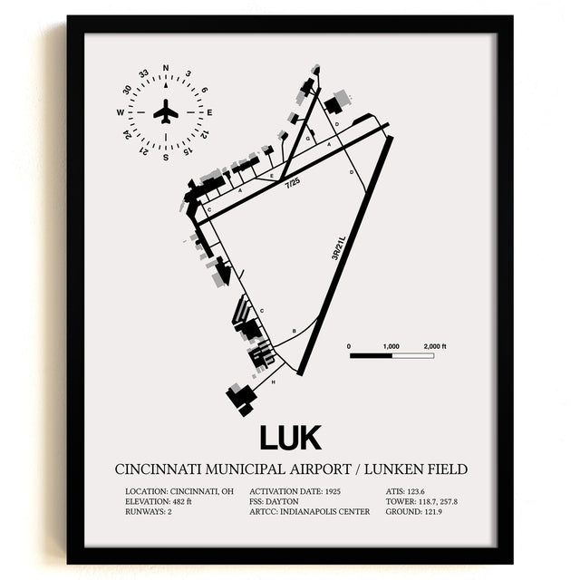 Framed Detailed Airport Map of Cincinnati Municipal Airport Lunken Field (LUK) in White with a Black Frame
