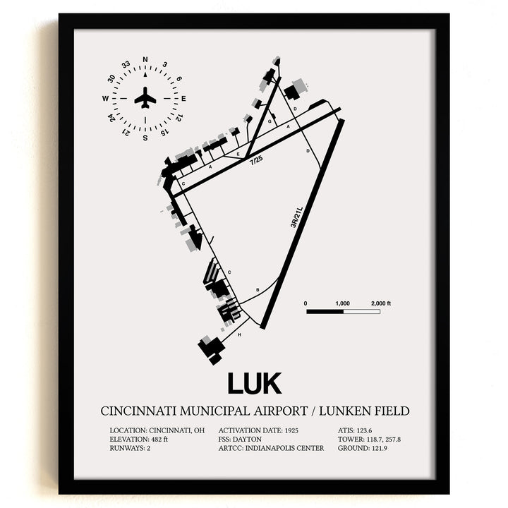 Framed Detailed Airport Map of Cincinnati Municipal Airport Lunken Field (LUK) in White with a Black Frame