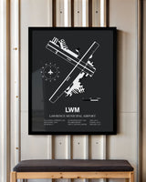 Framed Detailed Airport Map of Lawrence Municipal Airport (LWM) in Gray with a Black Frame