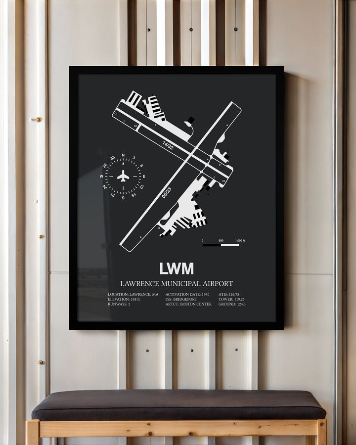 Framed Detailed Airport Map of Lawrence Municipal Airport (LWM) in Gray with a Black Frame
