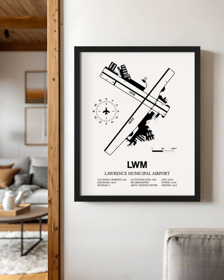 Framed Detailed Airport Map of Lawrence Municipal Airport (LWM) in White with a Black Frame