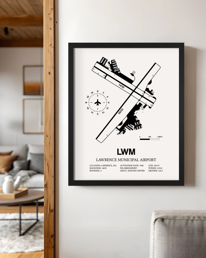 Framed Detailed Airport Map of Lawrence Municipal Airport (LWM) in White with a Black Frame