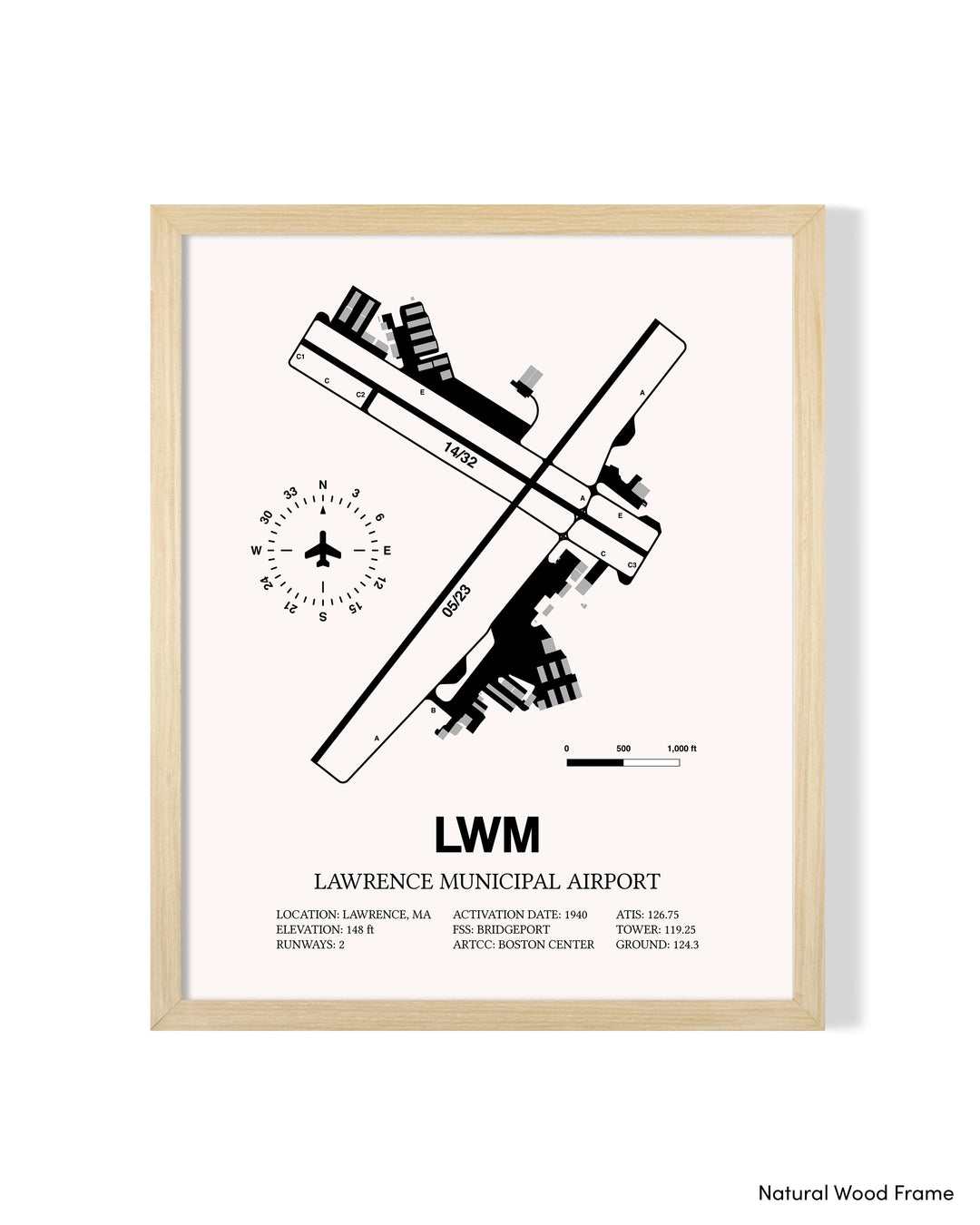 Detailed Airport Map of Lawrence Municipal Airport (LWM) in White with a Natural Frame