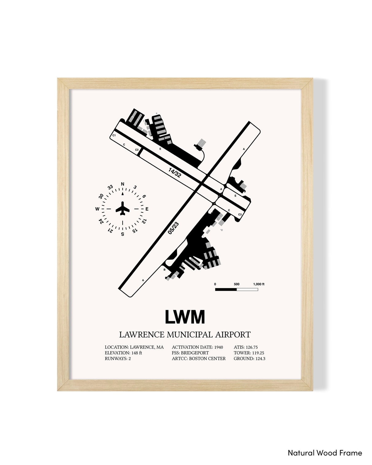 Detailed Airport Map of Lawrence Municipal Airport (LWM) in White with a Natural Frame