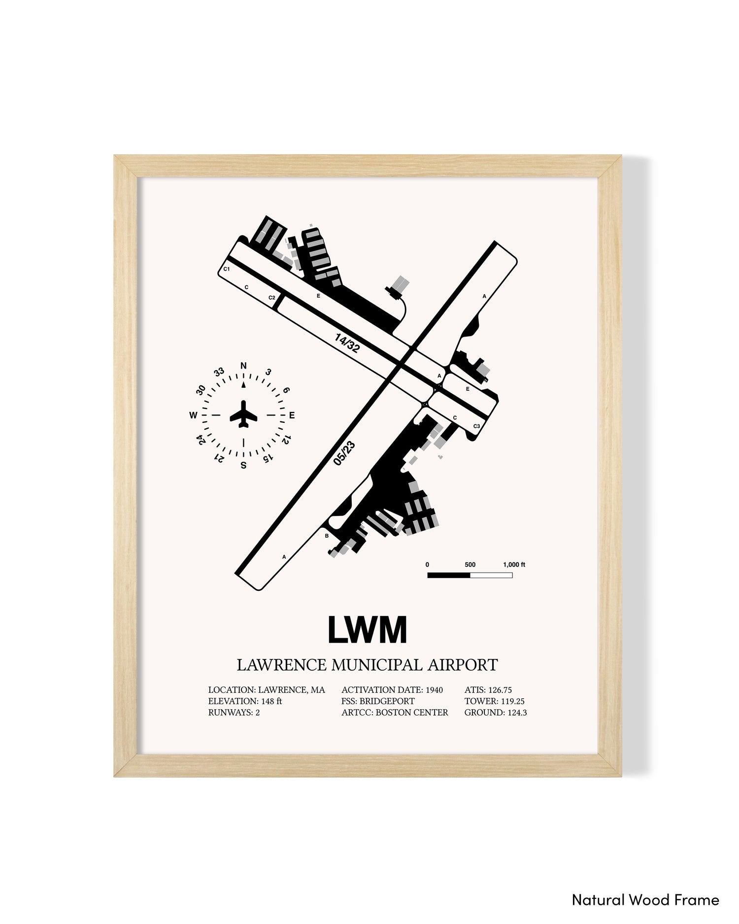 Detailed Airport Map of Lawrence Municipal Airport (LWM) in White with a Natural Frame