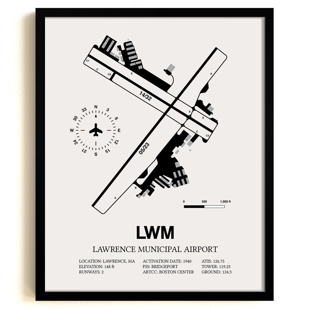 Framed Detailed Airport Map of Lawrence Municipal Airport (LWM) in White with a Black Frame