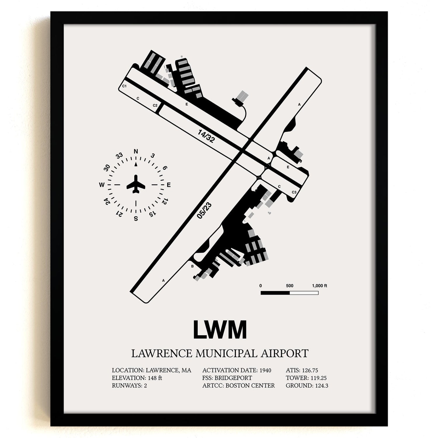 Framed Detailed Airport Map of Lawrence Municipal Airport (LWM) in White with a Black Frame