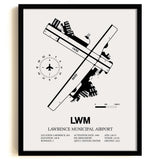 Framed Detailed Airport Map of Lawrence Municipal Airport (LWM) in White with a Black Frame