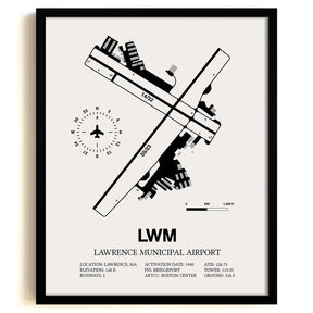 Framed Detailed Airport Map of Lawrence Municipal Airport (LWM) in White with a Black Frame
