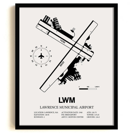 Framed Detailed Airport Map of Lawrence Municipal Airport (LWM) in White with a Black Frame