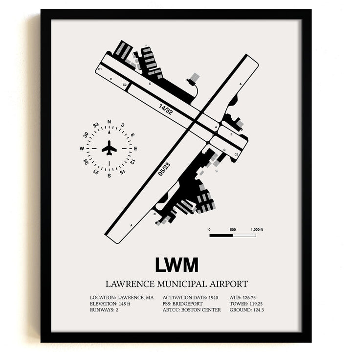 Framed Detailed Airport Map of Lawrence Municipal Airport (LWM) in White with a Black Frame