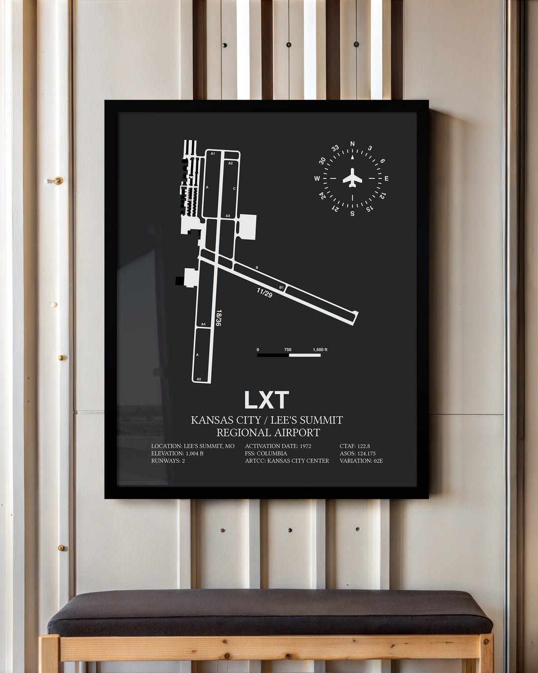 Framed Detailed Airport Map of Kansas City / Lee's Summit Regional Airport (LXT) in Gray with a Black Frame
