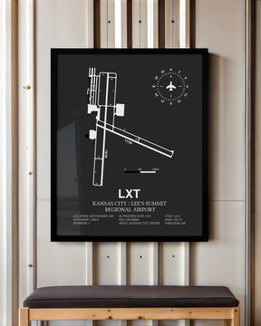 Framed Detailed Airport Map of Kansas City / Lee's Summit Regional Airport (LXT) in Gray with a Black Frame
