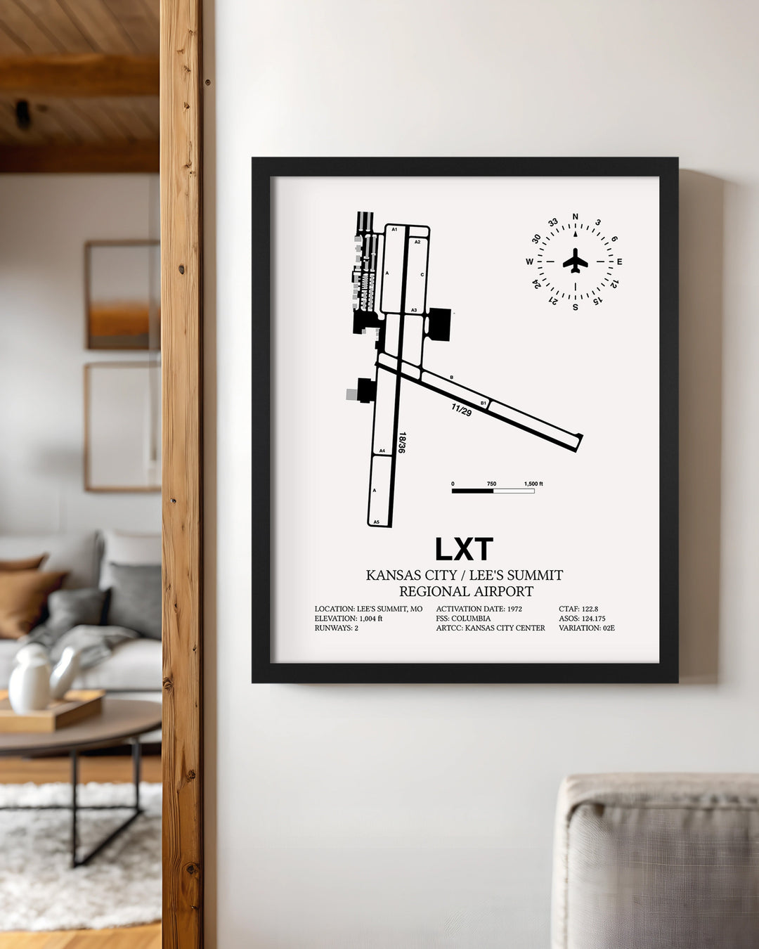 Framed Detailed Airport Map of Kansas City / Lee's Summit Regional Airport (LXT) in White with a Black Frame