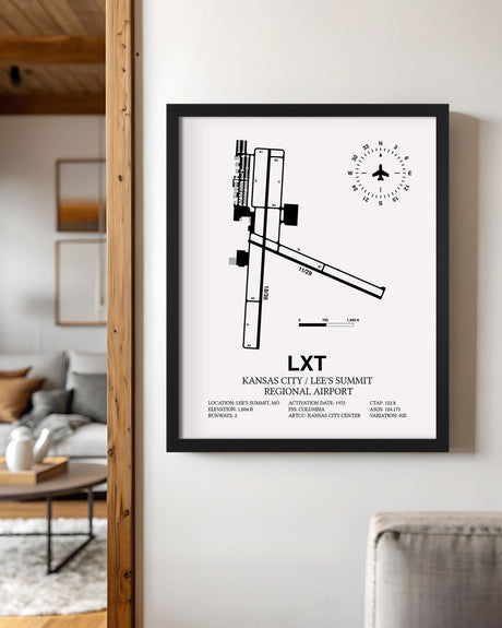 Framed Detailed Airport Map of Kansas City / Lee's Summit Regional Airport (LXT) in White with a Black Frame