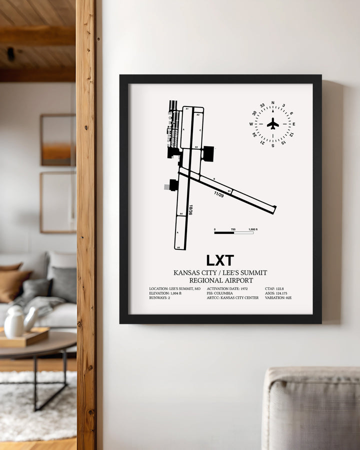 Framed Detailed Airport Map of Kansas City / Lee's Summit Regional Airport (LXT) in White with a Black Frame