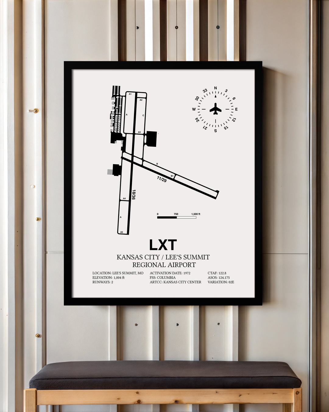 Framed Detailed Airport Map of Kansas City / Lee's Summit Regional Airport (LXT) in White with a Black Frame