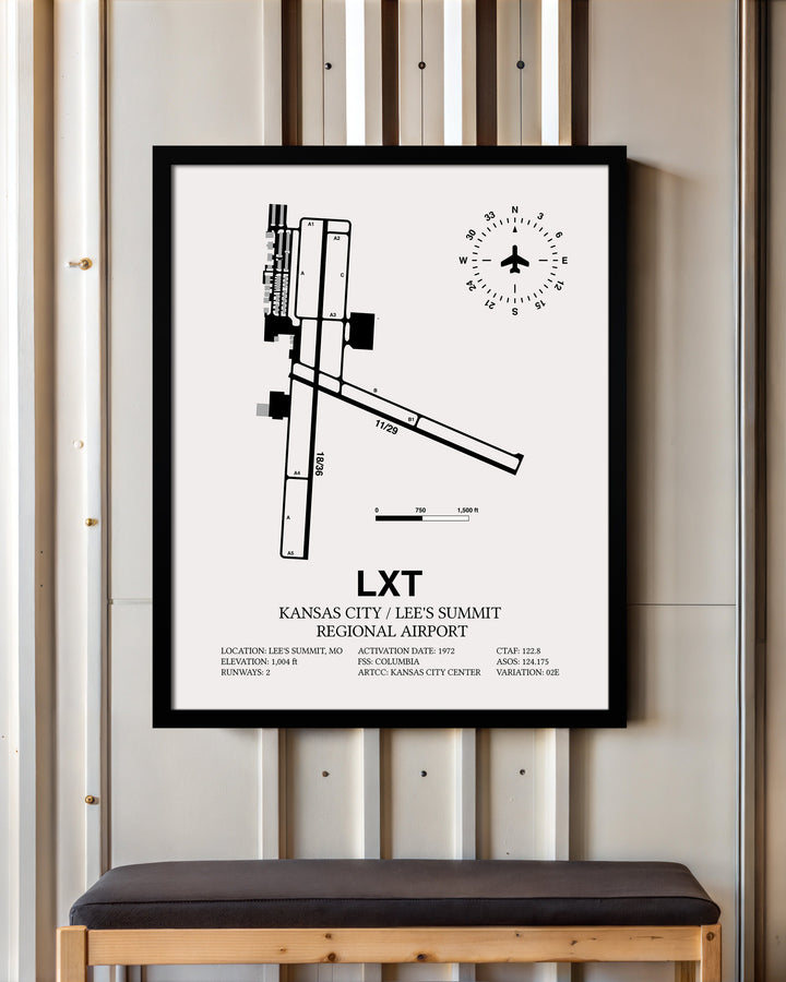 Framed Detailed Airport Map of Kansas City / Lee's Summit Regional Airport (LXT) in White with a Black Frame