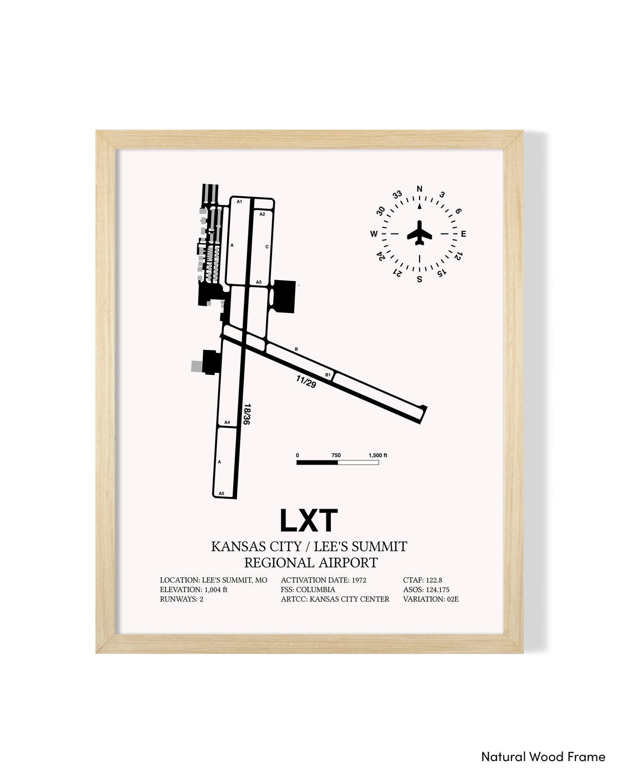 Detailed Airport Map of Kansas City / Lee's Summit Regional Airport (LXT) in White with a Natural Frame